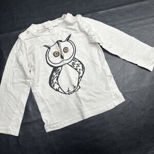 Burberry Girls Owl Cotton Long Sleeve T-Shirt Size 2Y Button Neck Off White